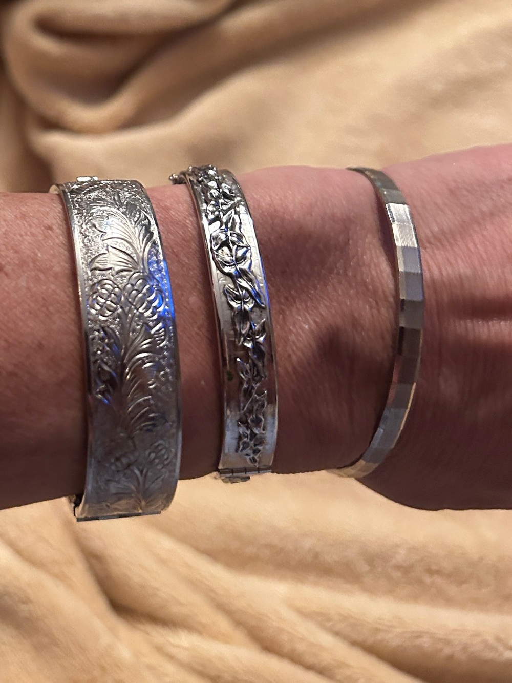 Vintage Silver Tone Embossed Faceted Hinged Bracelets Whiting & Davis MONET Glam